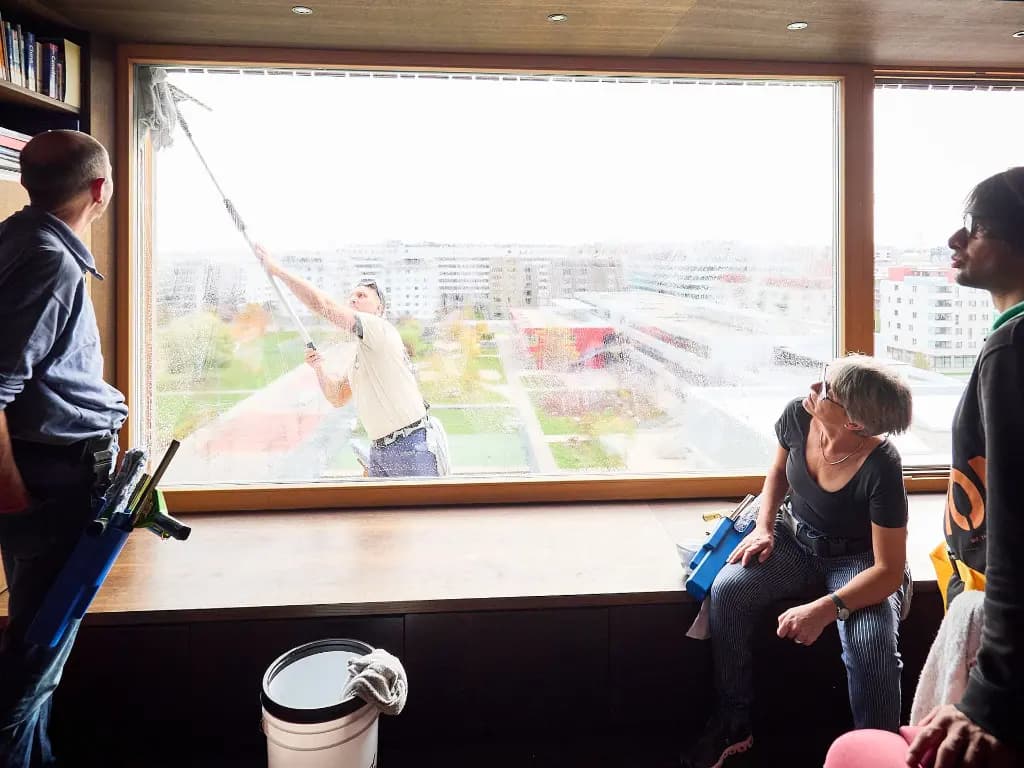 Professional squeegee technique for streak-free window cleaning on French pane windows
